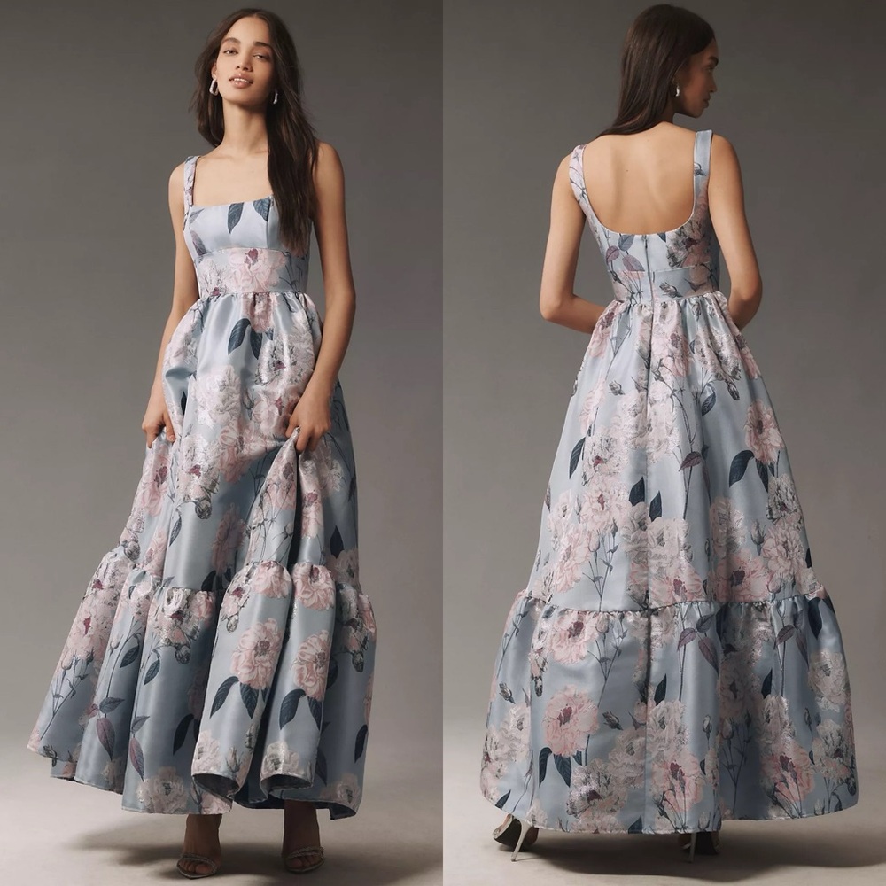 NWT Mac Duggal 11826 Square Neck Floral Printed Satin Maxi Dress Anthropologie